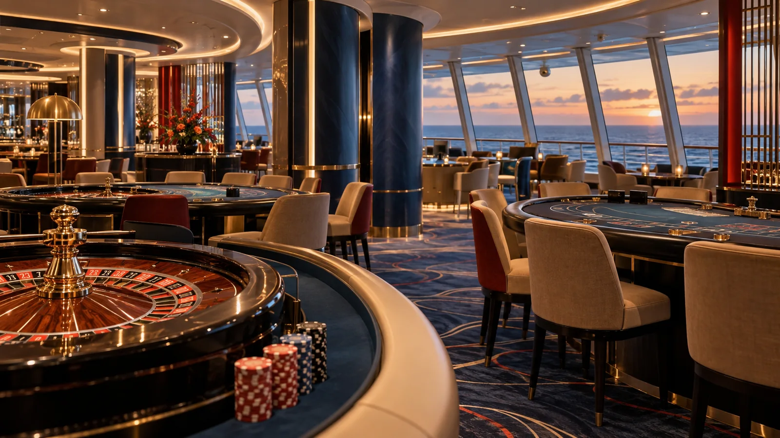 Elegant physical casino aboard a cruise liner with roulette and card tables overlooking the sea