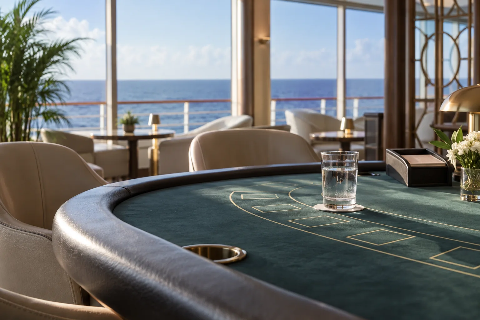 Quiet onboard gaming table during a responsible break with water and an open sea view